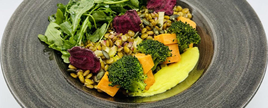 Green lentils with salad, broccoli, sweet potatoe, celery root puree and dried beetroot slices