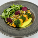 Green lentils with salad, broccoli, sweet potatoe, celery root puree and dried beetroot slices
